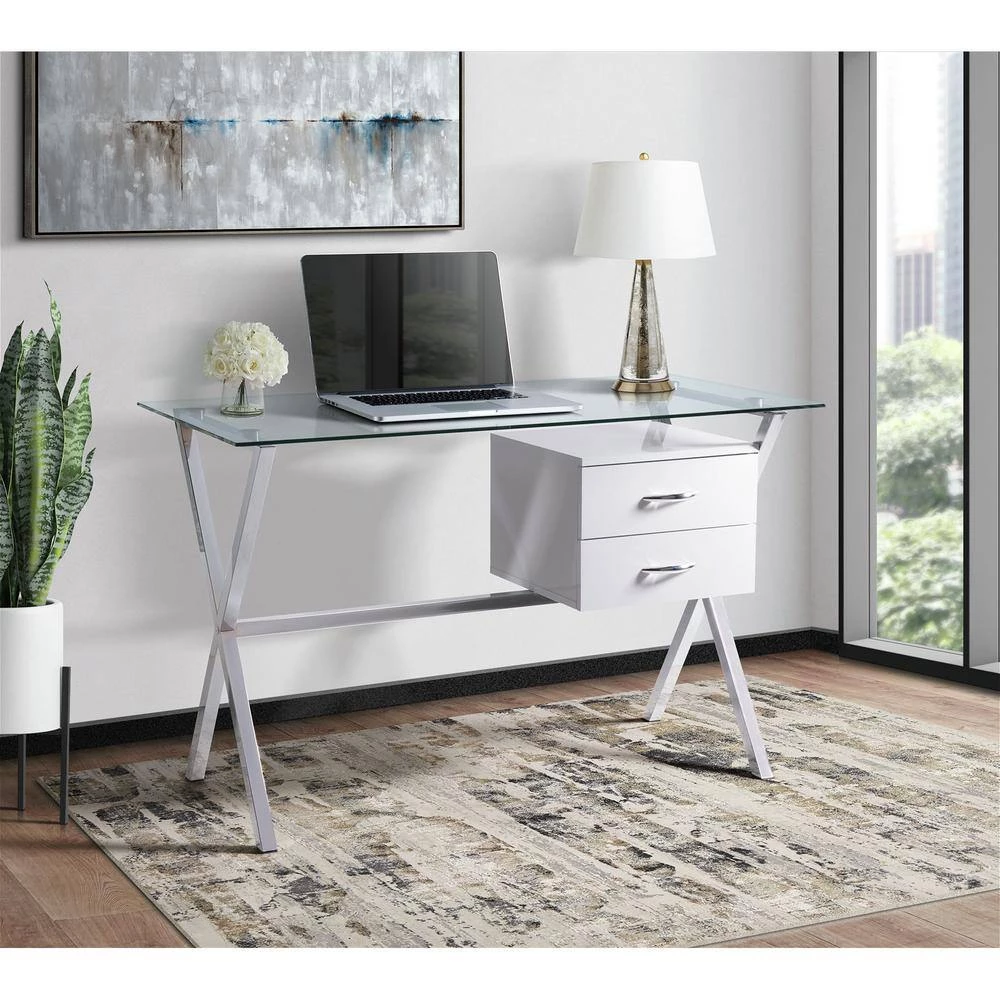 Hoyce 48 in. Rectangle White Glass 2 Drawer Computer Desk by Picket House Furnishings 7 Hoyce 48 in. Rectangle White Glass 2 Drawer Computer Desk by Picket House Furnishings - Image 7